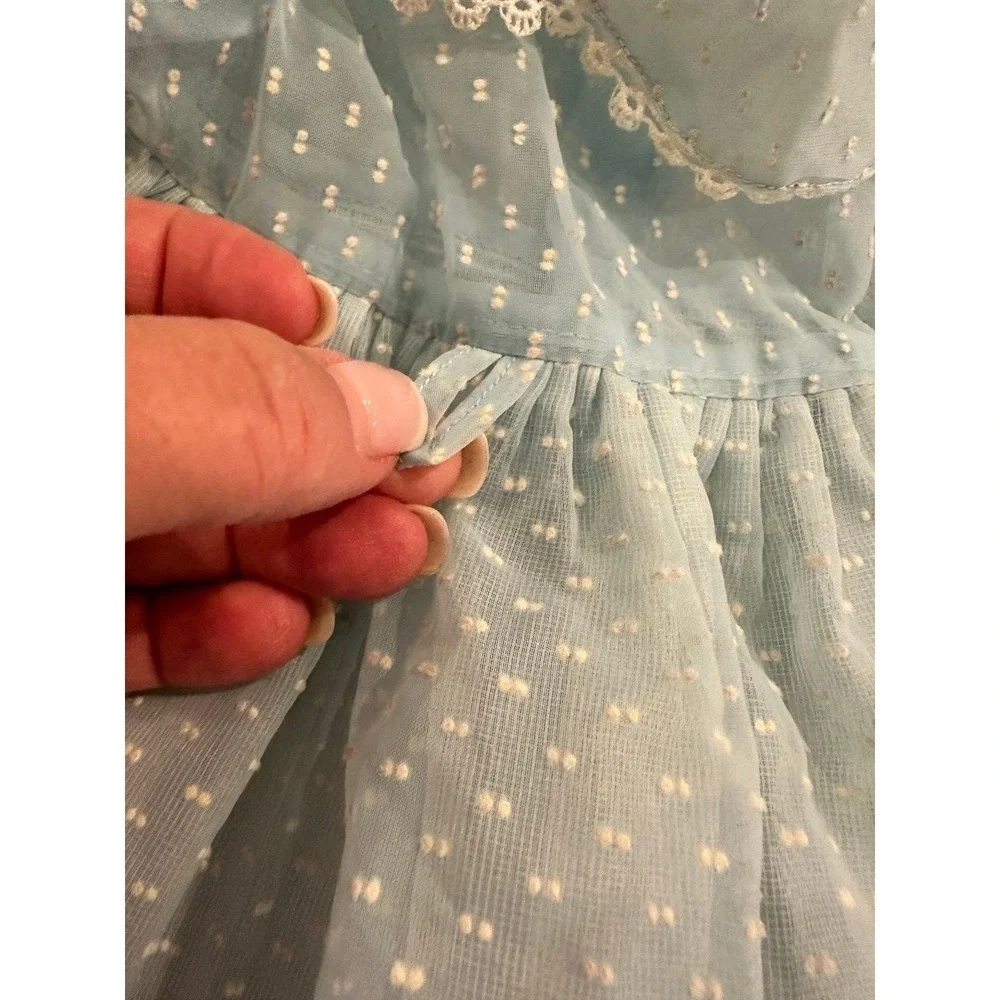Vintage Baby Dress Blue Dotted with Crinoline 1970's Size 18 months